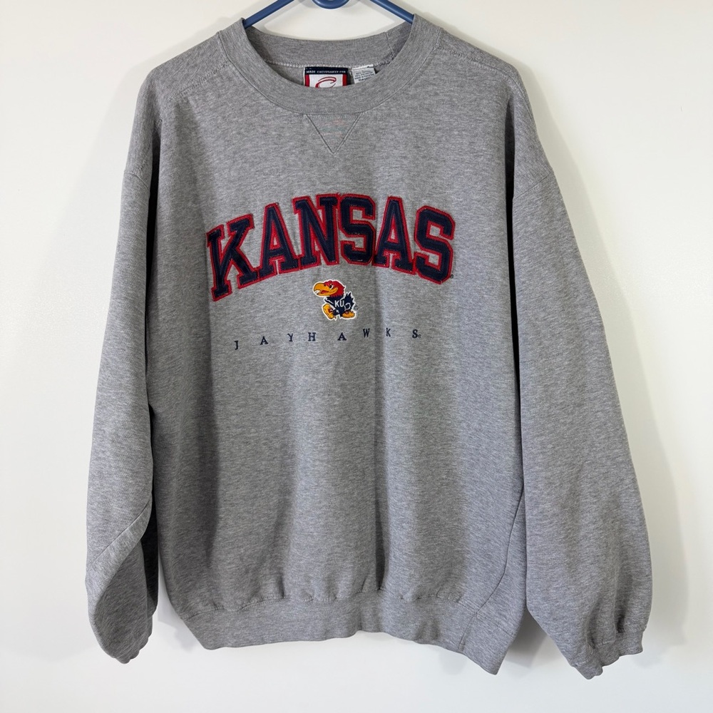 Vintage KU Jayhawks Embroidered Logo University of Kansas Sweatshirt Gray L